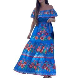 HUyydza Mexikanisches Damen Lange Sommerkleider Mexikanisches Blumendruck Boho Maxikleider Urlaub Schulterfrei Kleid Strandkleid Sommer von HUyydza