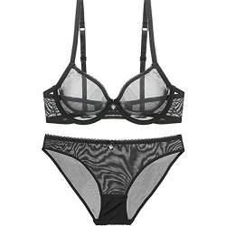 Damen Sexy durchsichtige BHs und Höschen Set ungefüttert Mesh Spitze Bralettes Plus Size - Schwarz - 80B von HWDI