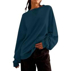 HXRYPG Sweatshirt Damen Pullover Rundhals Langarmshirt Oversize Shirt Locker Casual Sweatshirts ohne Kapuze Herbst Winter Bluse Tops Einfarbig/Farbblock Baumwolle Pulli Top Damen Sale 02 Blau XXL von HXRYPG