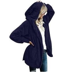 HXRYPG Winterjacke Damen Mantel Warm Fleecejacke Strickjacke Herbst Wintermantel Lang Warme Cardigan Teddyfleece Strickjacken Einfarbig Kapuzenjacke Winter Plüschjacke Warehouse Deal Blau 4XL von HXRYPG