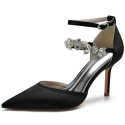 HXTYXCQ Damen Geschlossene Spitz Zehen Satin Brautschuhe Sexy Hoher Absatz Hochzeitkleid Pumps Mit Strass Partei Abschlussball Knöchelriemen Schuhe,Schwarz,40 EU von HXTYXCQ