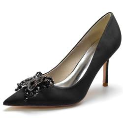 HXTYXCQ Damen Geschlossene Spitz Zehen Satin Brautschuhe Slip Auf Kleid Pumps Mit Perlen Partei Abschlussball Sexy Hoher Absatz Hochzeitsschuhe,Schwarz,40 EU von HXTYXCQ