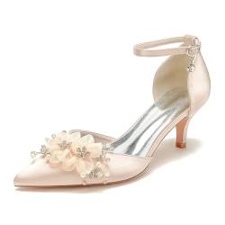 HXTYXCQ Damen Kätzchen Mittlerer Absatz Kleid Pumps Mit Blumen Spitz Zehen Satin Brautschuhe Knöchelriemen Partei Abschlussball Hochzeitsschuhe,Champagne,38 EU von HXTYXCQ