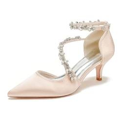 HXTYXCQ Damen Knöchelriemen Hochzeit Pumps Mit Strass Spitz Zehen Satin Brautschuhe Abend Partei Abschlussball Mittlerer Kätzchenabsatz Schuhe,Champagne,43 EU von HXTYXCQ