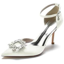 HXTYXCQ Damen Knöchelriemen Hochzeitkleid Schuhe Spitz Zehen Satin Braut Pumps Mit Quadrat Strass Abend Partei Abschlussball Pfennig Absatz Schuhe,Elfenbein,42 EU von HXTYXCQ