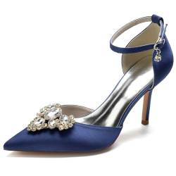 HXTYXCQ Damen Knöchelriemen Partei Abschlussball Pumps Mit Strass Spitz Zehen Satin Brautschuhe Pfennig Absatz Hochzeitkleid Schuhe,Marine,39 EU von HXTYXCQ