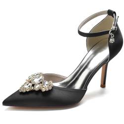 HXTYXCQ Damen Knöchelriemen Partei Abschlussball Pumps Mit Strass Spitz Zehen Satin Brautschuhe Pfennig Absatz Hochzeitkleid Schuhe,Schwarz,36 EU von HXTYXCQ