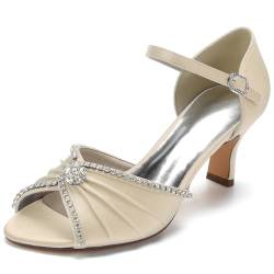 HXTYXCQ Damen Knöchelriemen Satin Brautschuhe Kätzchenabsatz Hochzeitskleid Schuhe Mit Strass Peep Toe Rückenfreie Partei Sandalen,Champagne,42 EU von HXTYXCQ