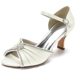 HXTYXCQ Damen Knöchelriemen Satin Brautschuhe Kätzchenabsatz Hochzeitskleid Schuhe Mit Strass Peep Toe Rückenfreie Partei Sandalen,Elfenbein,36 EU von HXTYXCQ