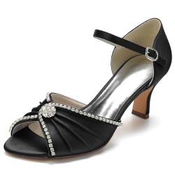 HXTYXCQ Damen Knöchelriemen Satin Brautschuhe Kätzchenabsatz Hochzeitskleid Schuhe Mit Strass Peep Toe Rückenfreie Partei Sandalen,Schwarz,41 EU von HXTYXCQ