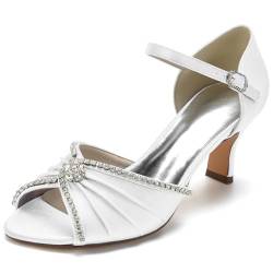 HXTYXCQ Damen Knöchelriemen Satin Brautschuhe Kätzchenabsatz Hochzeitskleid Schuhe Mit Strass Peep Toe Rückenfreie Partei Sandalen,Weiß,38 EU von HXTYXCQ