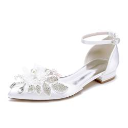 HXTYXCQ Damen Knöchelriemen Satin Brautschuhe Komfort Hochzeit Kleid Flache Mit Perlen Blumen Formelle Partei Abschlussball Spitz Zehen Schuhe,Weiß,36 EU von HXTYXCQ