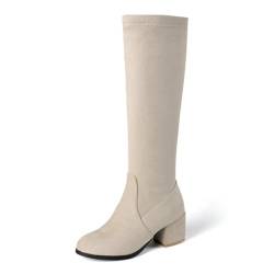 HXTYXCQ Damen Mittlerer Stämmiger Absatz Lange Stiefel Runder Zehe Bikerstiefel Mit Seitlichem Reißverschluss Wildleder-Stretch Kniehohe Stiefel,Beige,41 EU von HXTYXCQ