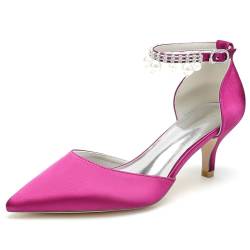 HXTYXCQ Damen Satin Brautschuhe Mit Perle Quaste Spitz Zehen Kleid Pumps Mit Verstellbarer Schnalle Abend Partei Abschlussball Mittlerer Kätzchenabsatz Schuhe,Fuchsia,40 EU von HXTYXCQ