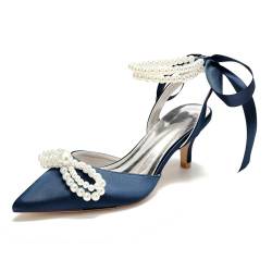 HXTYXCQ Damen Schnürung Hochzeit Pumps Mit Perle Geschlossen Spitz Zehen Satin Brautschuhe Mittlerer Kätzchenabsatz Slingback Kleid Sandalen,Marine,37 EU von HXTYXCQ