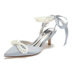 HXTYXCQ Damen Schnürung Hochzeit Pumps Mit Perle Geschlossen Spitz Zehen Satin Brautschuhe Mittlerer Kätzchenabsatz Slingback Kleid Sandalen,Silber,40 EU von HXTYXCQ