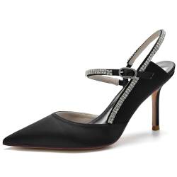 HXTYXCQ Damen Sexy Hoher Absatz Satin Brautschuhe Knöchelriemen Hochzeit Pumps Mit Strass Formelle Spitze Zehen Slingback Büro Kleid Sandalen,Schwarz,41 EU von HXTYXCQ