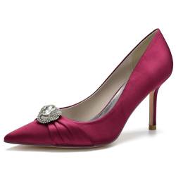 HXTYXCQ Damen Sexy Hoher Absatz Satin Brautschuhe Komfort Slip Auf Kleid Pumps Mit Strass Abend Partyei Abschlussball Spitz Zehen Schuhe,Burgundy,42 EU von HXTYXCQ