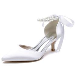 HXTYXCQ Damen Spitz Zehen Satin Brautschuhe Band Krawatte Kleid Pumps Mit Perle Hochzeit Partei Abschlussball Mittlerer Kätzchenabsatz Schuhe,Weiß,36 EU von HXTYXCQ