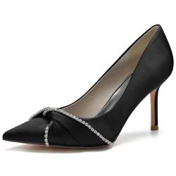 HXTYXCQ Damen Spitz Zehen Satin Falten Brautschuhe Sexy Hoher Absatz Kleid Pumps Mit Strass Hochzeitsfeier Abschlussball Slip Auf Schuhe,Schwarz,41 EU von HXTYXCQ