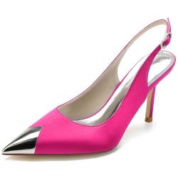 HXTYXCQ Damen Spitz Zehen Slingback Kleid Sandalen Verstellbare Schnalle Satin Brautschuhe Hochzeit Partei Abschlussball Pfennig Absatz Schuhe,Fuchsia,41 EU von HXTYXCQ