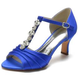 HXTYXCQ Damen T-Riemen Satin Hochzeitskleid Schuhe Kätzchen Absatz Partei Abschlussball Schuhe Mit Strass Offen Zehen Brautsandalen,Blau,37 EU von HXTYXCQ