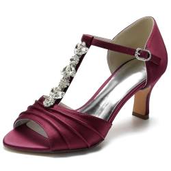 HXTYXCQ Damen T-Riemen Satin Hochzeitskleid Schuhe Kätzchen Absatz Partei Abschlussball Schuhe Mit Strass Offen Zehen Brautsandalen,Burgundy,36 EU von HXTYXCQ