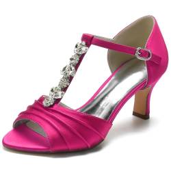 HXTYXCQ Damen T-Riemen Satin Hochzeitskleid Schuhe Kätzchen Absatz Partei Abschlussball Schuhe Mit Strass Offen Zehen Brautsandalen,Fuchsia,43 EU von HXTYXCQ