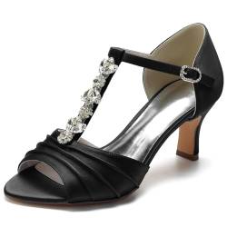 HXTYXCQ Damen T-Riemen Satin Hochzeitskleid Schuhe Kätzchen Absatz Partei Abschlussball Schuhe Mit Strass Offen Zehen Brautsandalen,Schwarz,39 EU von HXTYXCQ