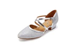 HXYOO Tanzschuhe mit geschlossenem Zehenbereich, niedriger Absatz, Glitzer, für Damen, Salsa, Latein, Hochzeit, Party, 3,8 cm Absatz, S11-1, Silber: 3,8 cm, 42 EU von HXYOO