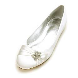 HYMYSUNY Damen Hochzeitsschuhe Für Braut Geschlossene Zehe Brautschuhe Flache Satin Strass D'orsay Ballerinas,Elfenbein,42 EU von HYMYSUNY