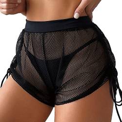 Damen Sexy Mesh Transparent Badeshorts Sheer Mesh Cover Up Shorts Beach Cover Up Beach Solid Sheer Mesh Cover Up Short Bottoms Herren Hoher Taille Chiffon Shorts (Black, XXXL) von HZMM