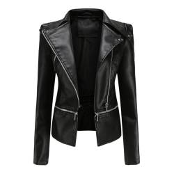 HZQIFEI Damen PU Leder Jacke, Motorrad Moto Biker Lederjacke Kurz Leicht Kunstlederjacke Reißverschluss Mantel PJK05 (Schwarz, 3XL) von HZQIFEI