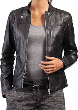 Asymmetrische Damen-Bikerjacke aus echtem Lammfell, klassische Lederjacke im Biker-Stil für Damen, schmale Passform, Moto-Lederjacke, Schwarz , 48 von Hafsah