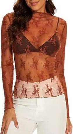 Haibang Damen Netzoberteil Spitzen Blumenstickerei Sexy Sheer Mesh Tops Transparentes Bluse Rundhals Netz Oberteil Leichtes Durchsichtige Langarm T-Shirt Rave Outfit für Party Club von Haibang