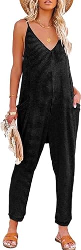 Haibang Jumpsuit Damen Sommer Ärmellos Latzhose Lang Träger Overall Locker V-Ausschnitt Romper Casual Arbeitshose Playsuit Elegant Einteiler Oversize Baggy Latzhosen mit Taschen von Haibang