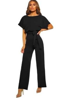 Haibang Jumpsuit Damen Sommer Elegant O-Ausschnitt Overall Lang Romper Lässig Kurzarm Einteiler Hosenanzug Festlich Playsuit Mit Gürtel Weites Bein Hose von Haibang