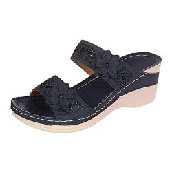 Haiorziyou Damen Orthopädische Sandalen Vintage Blumenstickerei Schlappen 2023 Sommer Peep Toe Hausschuhe Keil PU-Leder Pantoffeln Gummi Plateau Pantoffeln Freizeit Strandschuhe von Haiorziyou