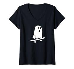 Damen Ghost Skateboard Lazy Halloween Junge Mädchen Skateboard Ghost T-Shirt mit V-Ausschnitt von HalloooweeenTeez