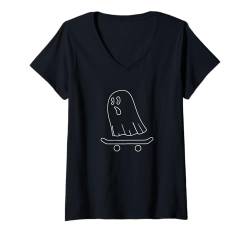 Damen Ghost Skateboard Lazy Halloween Junge Mädchen Skateboard Ghost T-Shirt mit V-Ausschnitt von HalloooweeenTeez