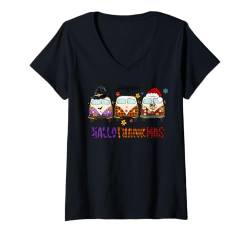 Damen halloween thanksgiving christmas happy hallothanksmas T-Shirt mit V-Ausschnitt von Hallothanksmas Halloween Thanksgiving Christmas T