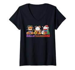 Damen halloween thanksgiving christmas happy hallothanksmas coffee T-Shirt mit V-Ausschnitt von Hallothanksmas Halloween Thanksgiving Christmas T