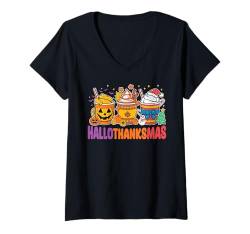 Damen halloween thanksgiving christmas happy hallothanksmas coffee T-Shirt mit V-Ausschnitt von Hallothanksmas Halloween Thanksgiving Christmas T