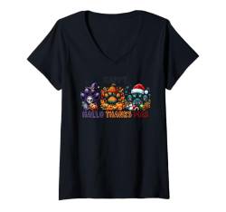 Damen halloween thanksgiving christmas happy hallothanksmas dogs T-Shirt mit V-Ausschnitt von Hallothanksmas Halloween Thanksgiving Christmas T