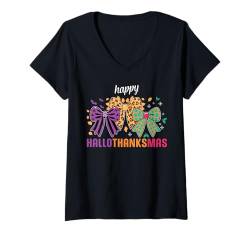 Damen halloween thanksgiving christmas happy hallothanksmas gnome T-Shirt mit V-Ausschnitt von Hallothanksmas Halloween Thanksgiving Christmas T