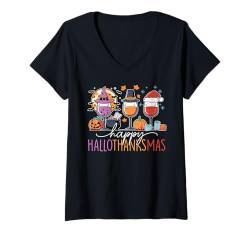 Damen halloween thanksgiving christmas happy hallothanksmas gnome T-Shirt mit V-Ausschnitt von Hallothanksmas Halloween Thanksgiving Christmas T