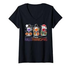 Damen halloween thanksgiving christmas happy hallothanksmas gnome T-Shirt mit V-Ausschnitt von Hallothanksmas Halloween Thanksgiving Christmas T