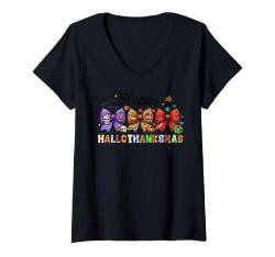 Damen halloween thanksgiving christmas happy hallothanksmas gnome T-Shirt mit V-Ausschnitt von Hallothanksmas Halloween Thanksgiving Christmas T