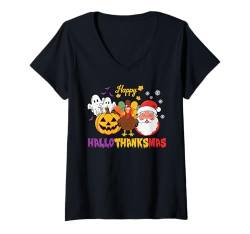 Damen halloween thanksgiving christmas happy hallothanksmas gnome T-Shirt mit V-Ausschnitt von Hallothanksmas Halloween Thanksgiving Christmas T