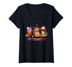 Damen halloween thanksgiving christmas happy hallothanksmas gnome T-Shirt mit V-Ausschnitt von Hallothanksmas Halloween Thanksgiving Christmas T